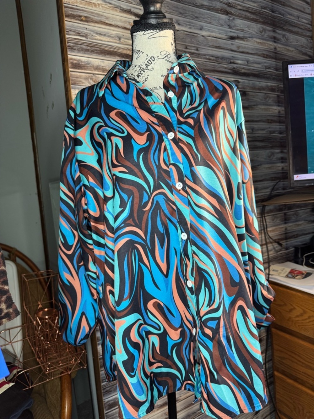 ⭐ Retro Swirl Blouse 2XL Oversized Teal Brown Button Front Top